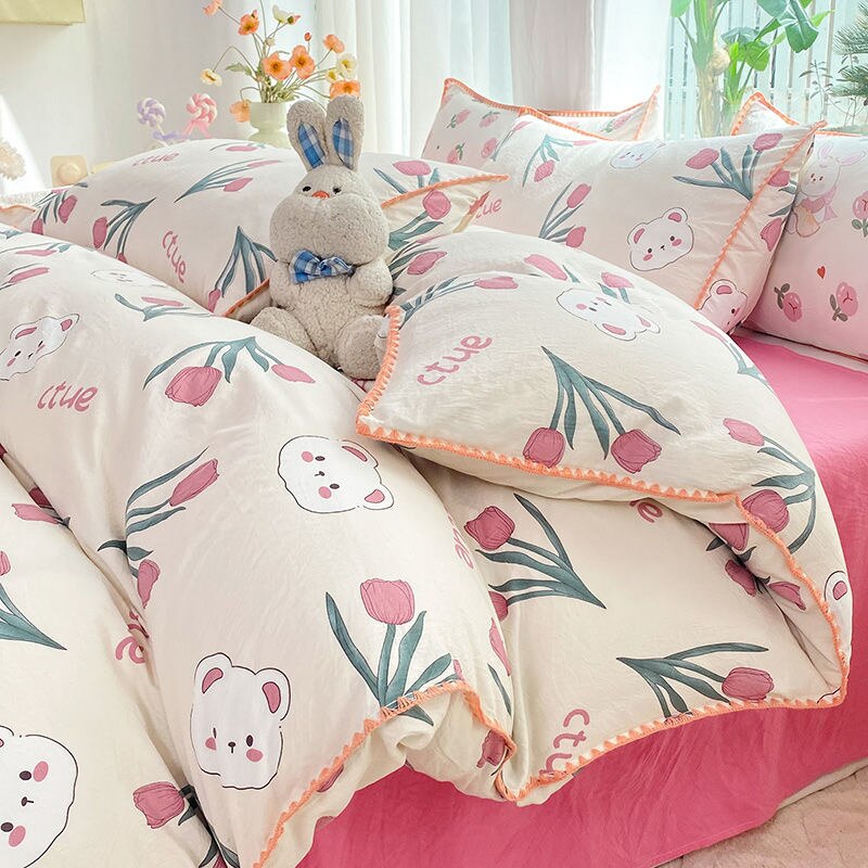 Cute Orange Bedding Sets ins Flower Duvet Cover Bed Sheet Soft Washed Cotton For Girl Single Size Bedspread