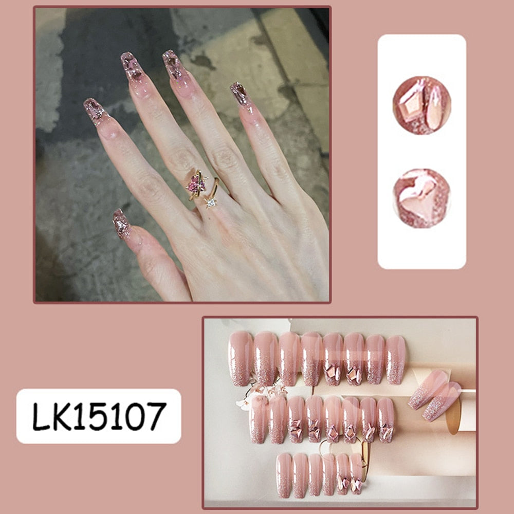 24Pcs Coffin Pink False Nails 3D Heart Diamond y2k Mid-length Fake Nails Full Finished Tulip Pattern Fake Nail Patches For Girls