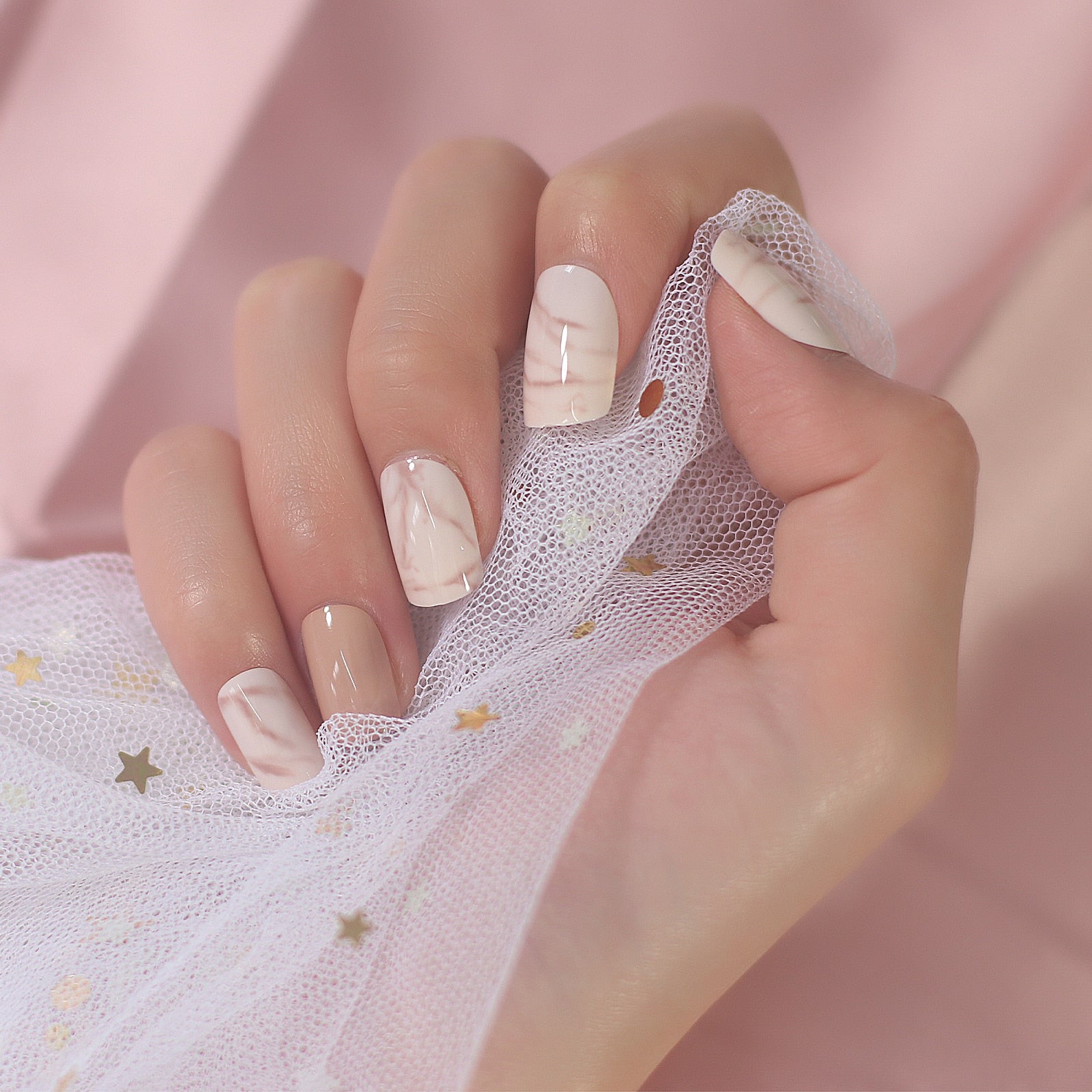 Qfdian Natural Nude Color Press On Nails Marble White Artificial False Nails Square Short Glossy Pattern Tips with Glue Sticker