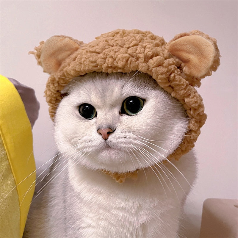 Qfdian Pet Outfits Cute Bear Shaped Hat for Cat Christmas Protective Pet Dogs Cosplay Head Wear York Solid Color Winter Kitten Costume Accessories