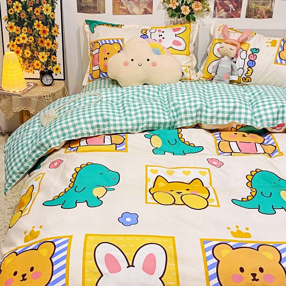 Dinosaur Bedding Set Kawii Boys Girls Duvet Cover Flat Sheet Pillowcase New Single Queen Bed Linen Soft Kids Home Textile