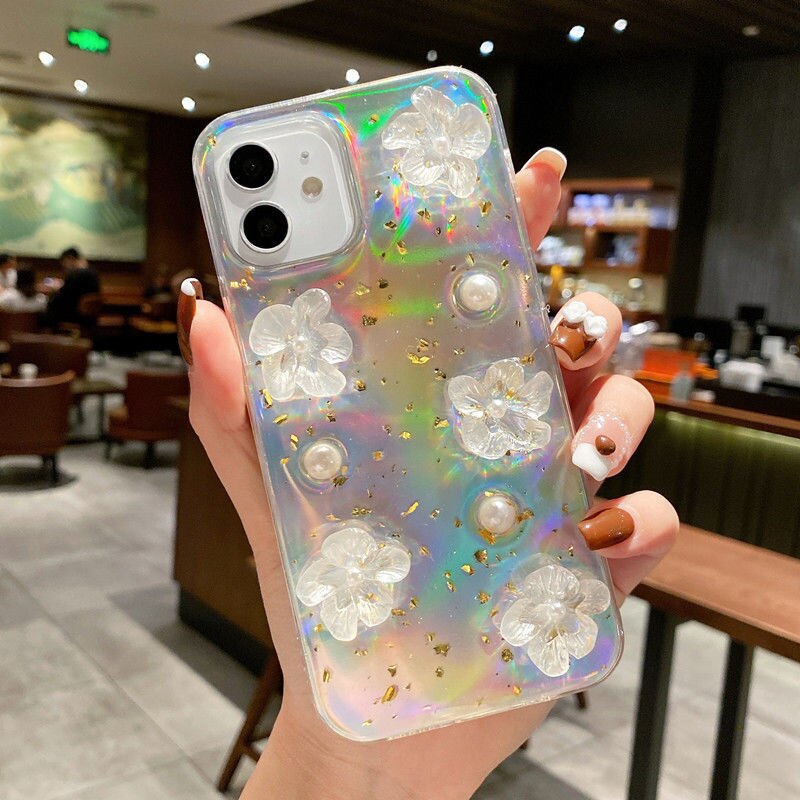 Qfdian iphone 13 pro max case Sweet Three-dimensional Butterfly White Rose Pearl Fashion Phone Case For iphone 11 12 13 Mini Pro Max XS XR SE 8 7 Plus Cover