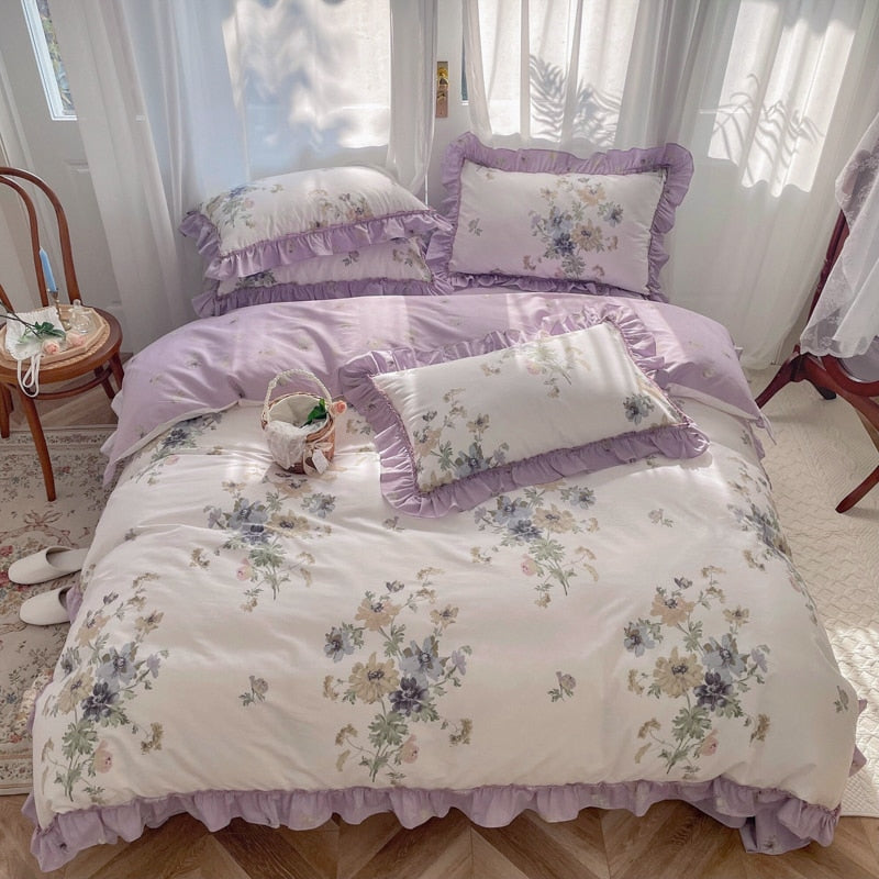 Qfdian 100% Cotton Small Floral Printed Lace Ruffle Bedding Set Simple Fresh Flower Single Duvet Cover Set Bed Linen Set Pillowcases