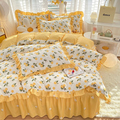 Girls Flowers Bedding Set Korean Princess Lace Ruffle Bed Skirt Quilt Cover Floral Duvet Cover Decor Home Simple Bedclothes