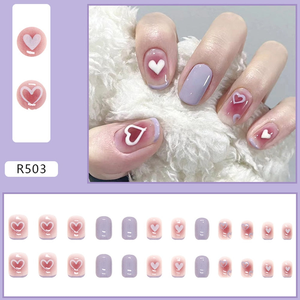 24pcs Gradient False Nails Cute Star Printed Design Fake Nail Short Square Faux Ongles Manicure Nail Stickers Press On Nail Tips