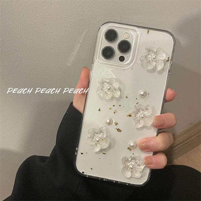 Qfdian iphone 13 pro max case Sweet Three-dimensional Butterfly White Rose Pearl Fashion Phone Case For iphone 11 12 13 Mini Pro Max XS XR SE 8 7 Plus Cover