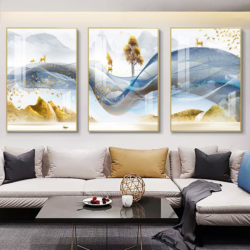 Qfdian 3 Pieces Nordic Luxury Ribbon Abstract Landscape Wall Art Canvas Paintings Modern Gold Deer Poster Print Picture for Home Decor