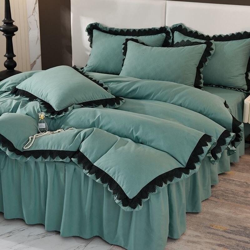 Luxury Solid Color Bedding Sets Princess Style French Lace Duvet Cover Bed Skirt Bedclothes For Girls 4 Piece Home Textiles