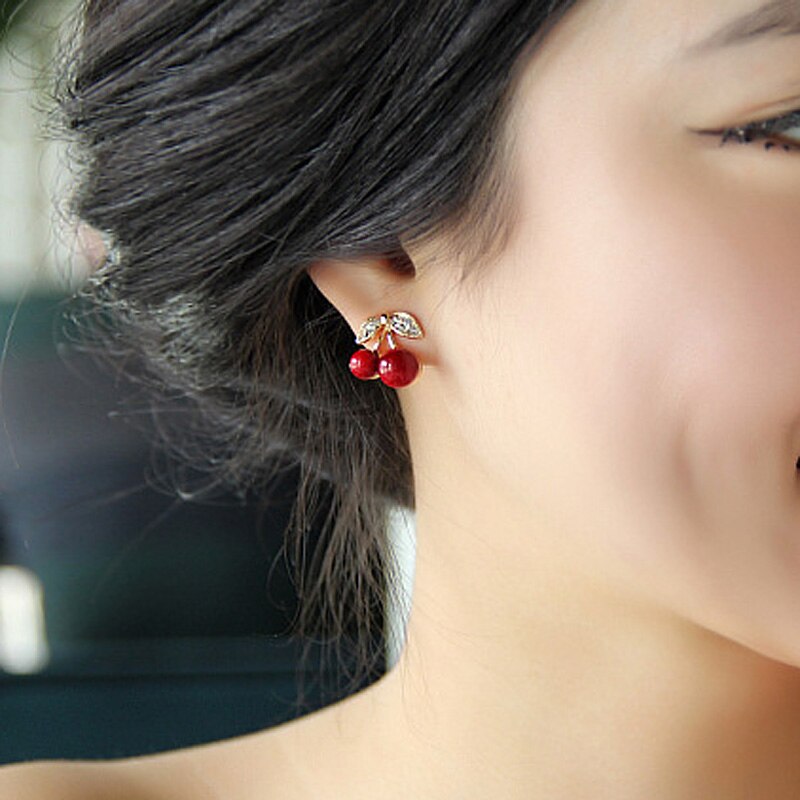 Women Cute Red Cherry Earrings Crystal Stud Earrings PR Sale