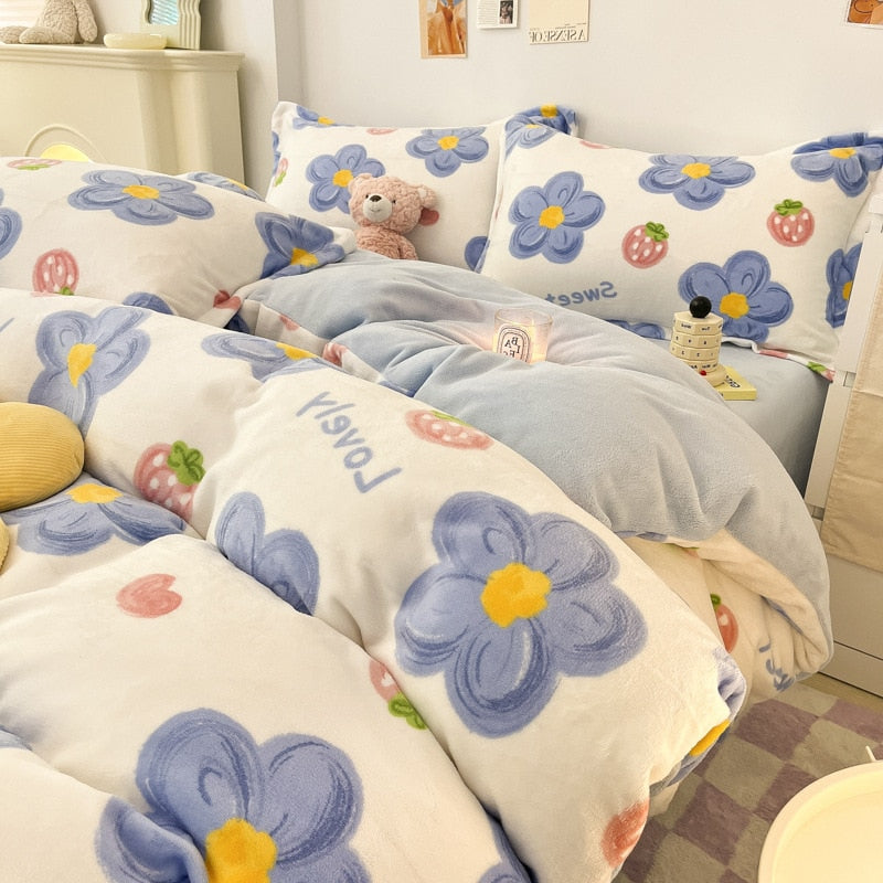 Winter Thick Warm Plush Comforter Cover Queen Bedding Sets Cartoon Quilt Cover Bed Sheet Pillowcase 4pcs Luxury Bed Linens