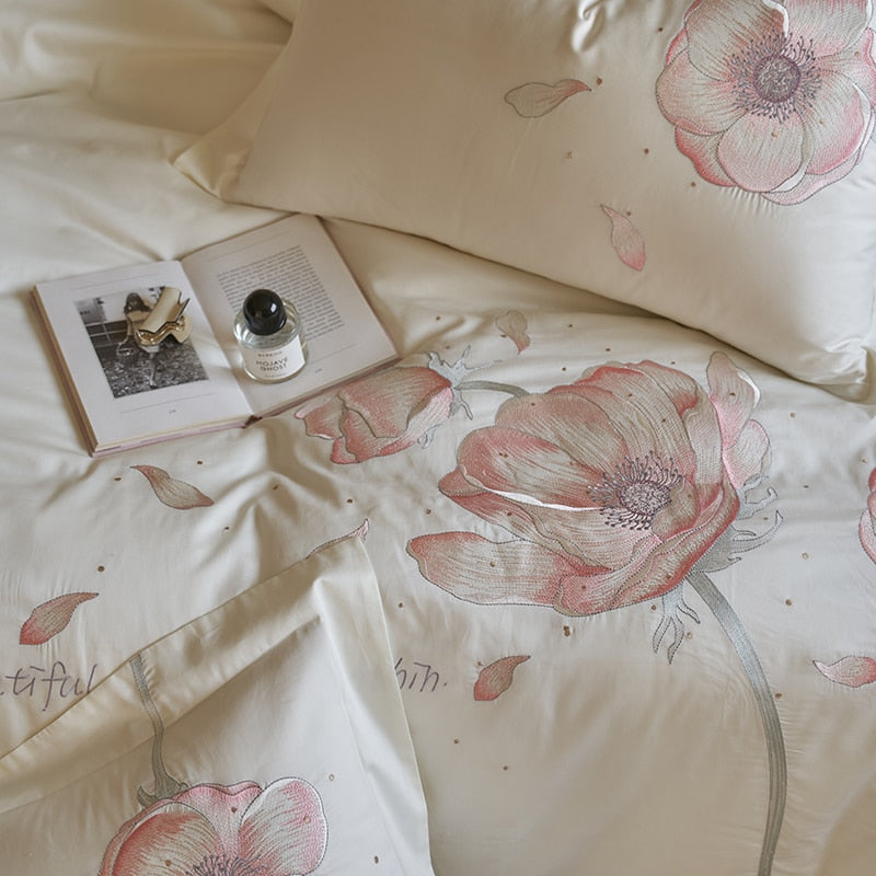 Delicate Embroidered Flowers 300TC AUS Cotton Bedding Set Bed Sheet Set Pillowcase Duvet Cover 4Pcs (Queen King Size,White/Pink)