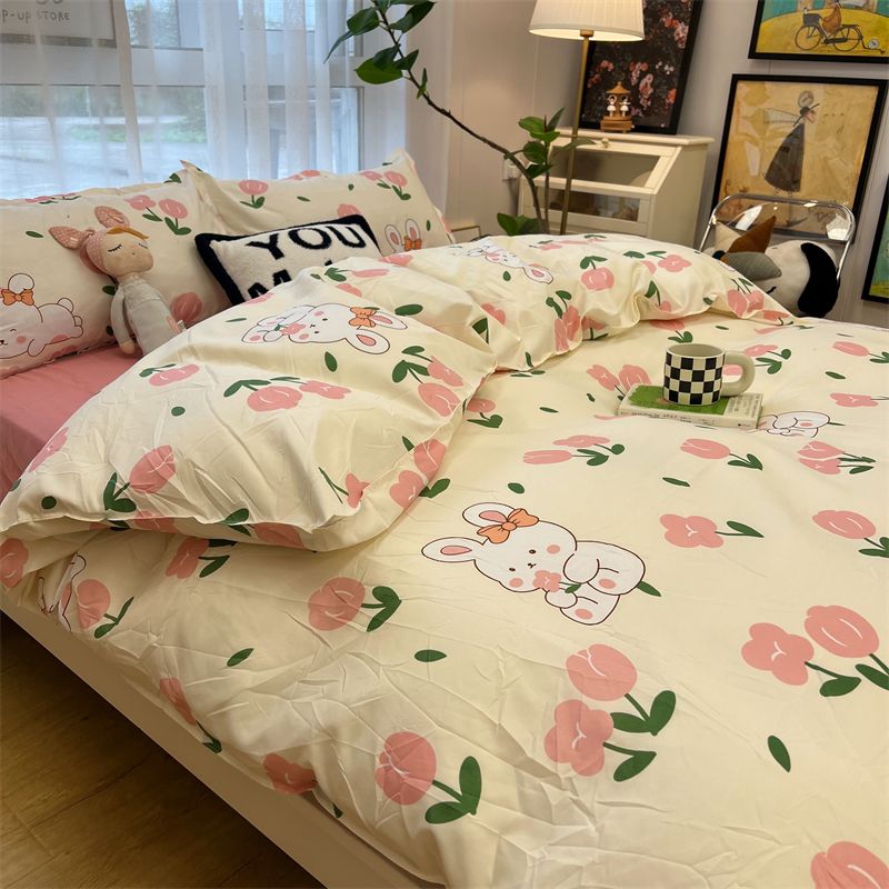 Cute Rabbit Bedding Set with Duvet Cover Flat Sheet Pillowcases Twin Double Queen Size Bed Linen Floral Home Textile