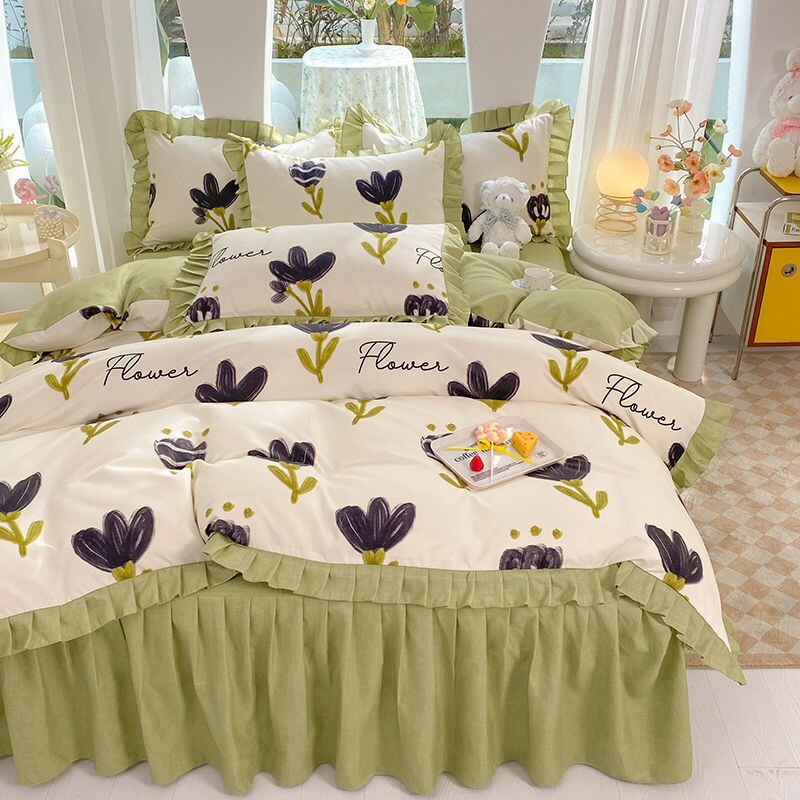 Girls Flowers Bedding Set Korean Princess Lace Ruffle Bed Skirt Quilt Cover Floral Duvet Cover Decor Home Simple Bedclothes