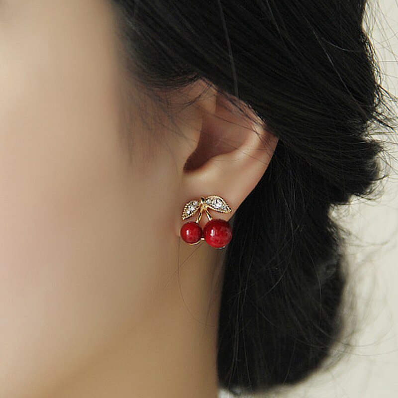 Women Cute Red Cherry Earrings Crystal Stud Earrings PR Sale