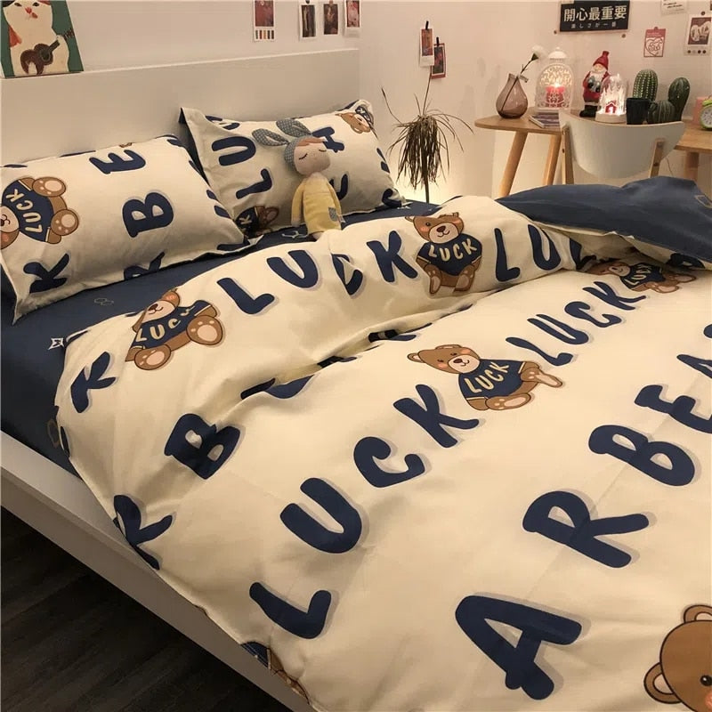 Boys Girls Bedding Set Fashion Adult Children Bed Linen Duvet Quilt Cover Pillowcase Cute Cartoon Bear Polyester Flat Sheets