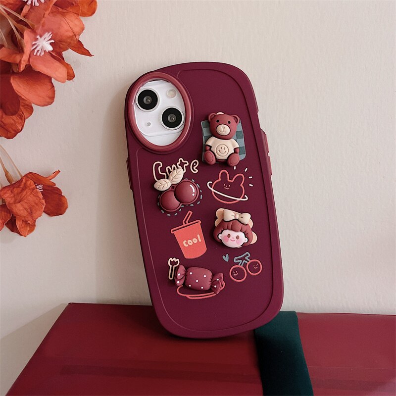 Qfdian iphone 13 pro max case For iphone 11 12 13 Pro Max XR Xs Max Phone Case Three-dimensional Cute Fashion Cartoon Girl Bear Candy Cherry Oval Frame Cover