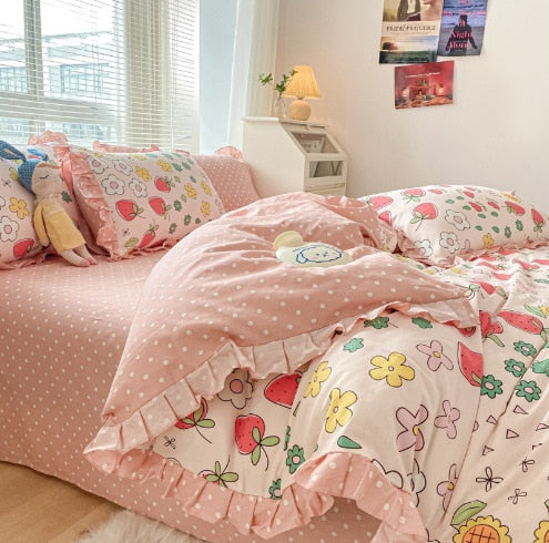 Lovely 100% Pure Cotton Bedding Set Full Size Cute Ruffles Single Doubel Duvet Cover Set Princess Girls Woman Cozy Bedding Sets