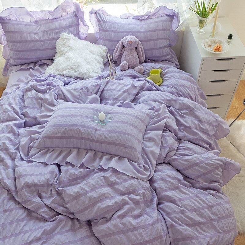 Qfdian Purple Princess Bedding Set Luxury Solid Color Duvet Cover Pillowcase Linens Twin Queen King Bed Sheet Set Woman Girl Kawaii Set