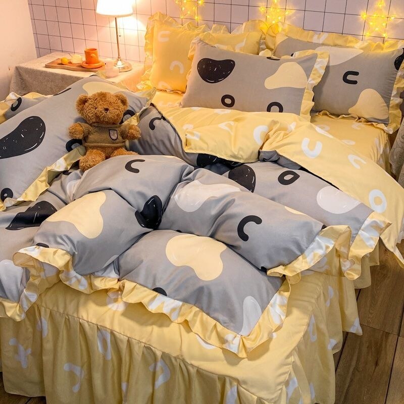 Floral Duvet Cover Set With Bed Skirt Pillowcase Princess Style Bedding Sets For Girl Woman Bed Linens Decor Bedroom 150x200cm