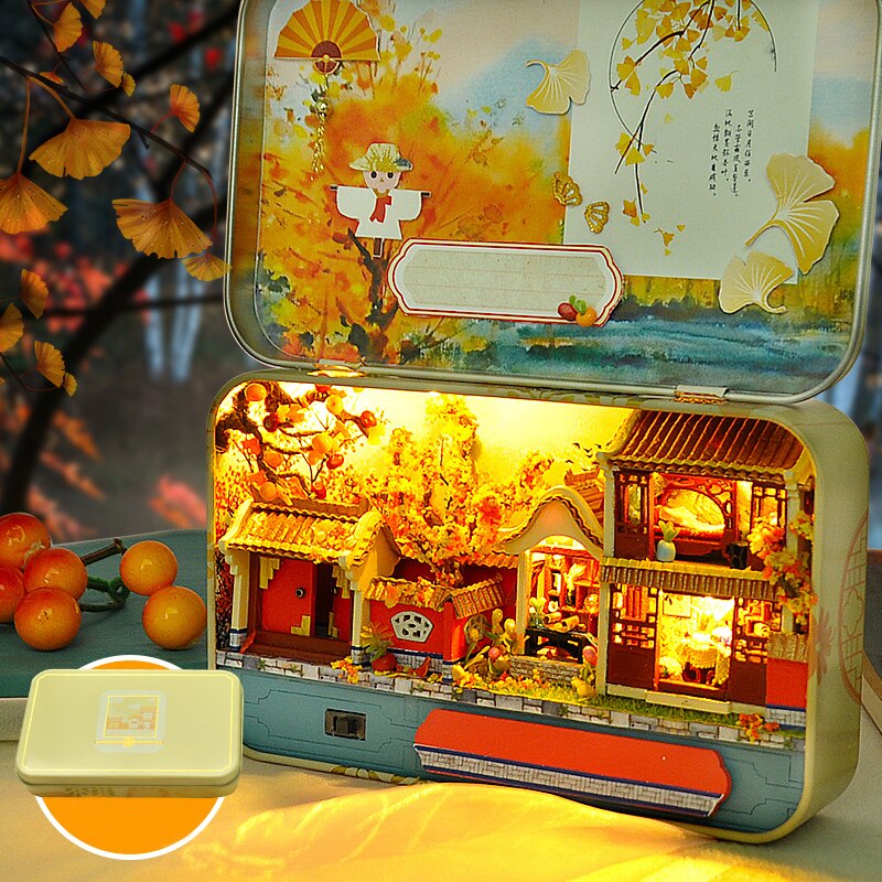 Qfdian Theater Box Miniature Doll House Furniture for Children Birthday Gift DIY Dollhouse Kit Build with Led Light Casa Toy