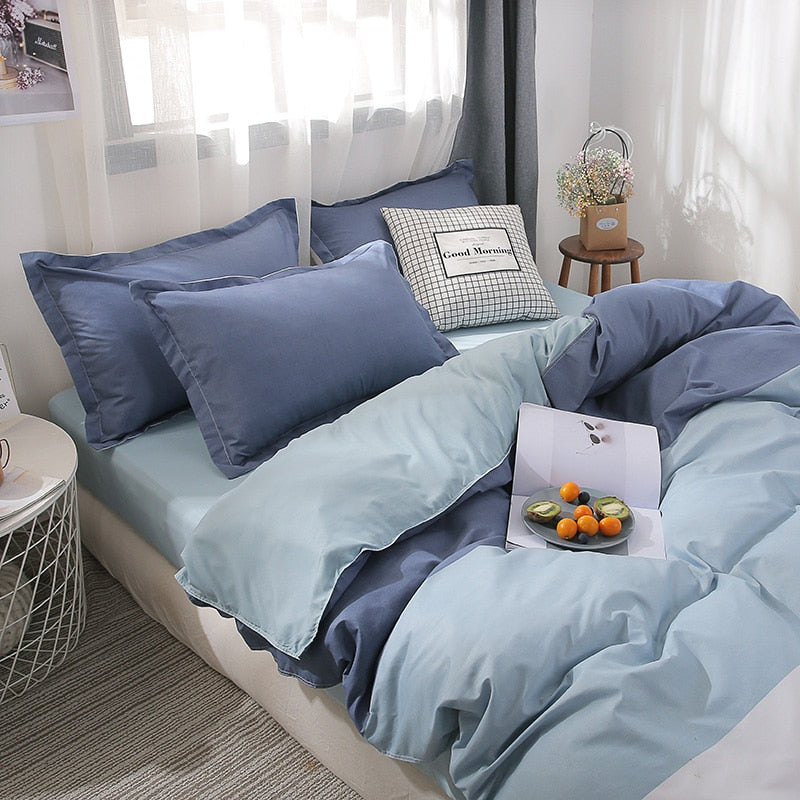 Blue White Striped Bedding Set Queen Double Size Bed Linen Plain Reactive Printed Single Quilt Cover Flat Sheet Pillowcase