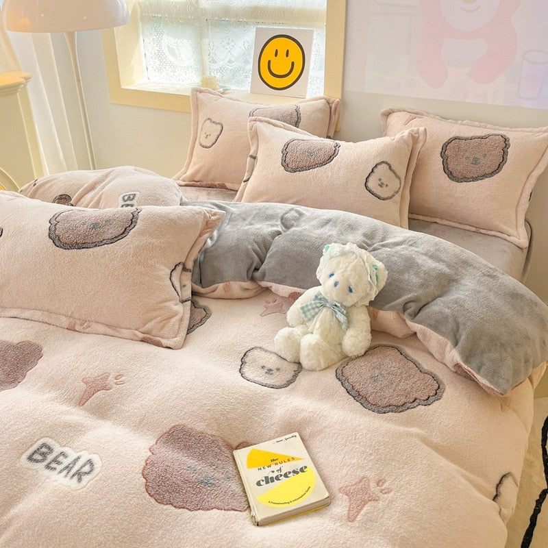 Winter Thick Warm Plush Comforter Cover Queen Bedding Sets Cartoon Quilt Cover Bed Sheet Pillowcase 4pcs Luxury Bed Linens