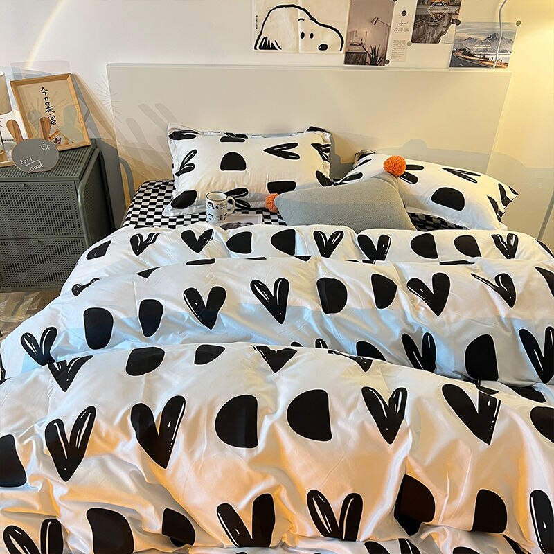 Black Bedding Set Boys Girls Soft Duvet Cover No Filling Flat Sheet Pillowcases Cartoon Plaid Single Double Size Bedspread