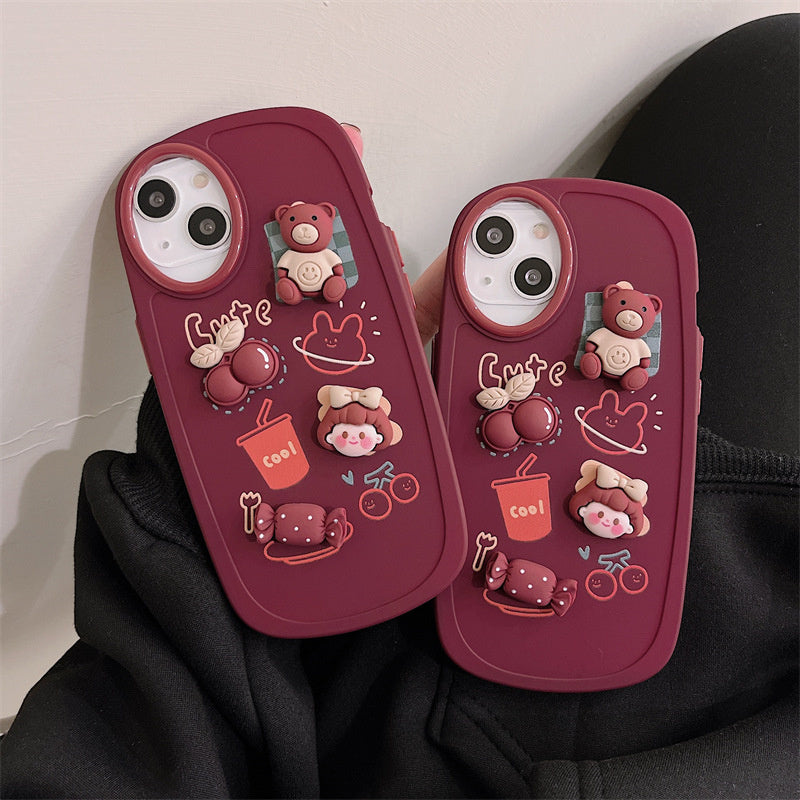 Qfdian iphone 13 pro max case For iphone 11 12 13 Pro Max XR Xs Max Phone Case Three-dimensional Cute Fashion Cartoon Girl Bear Candy Cherry Oval Frame Cover