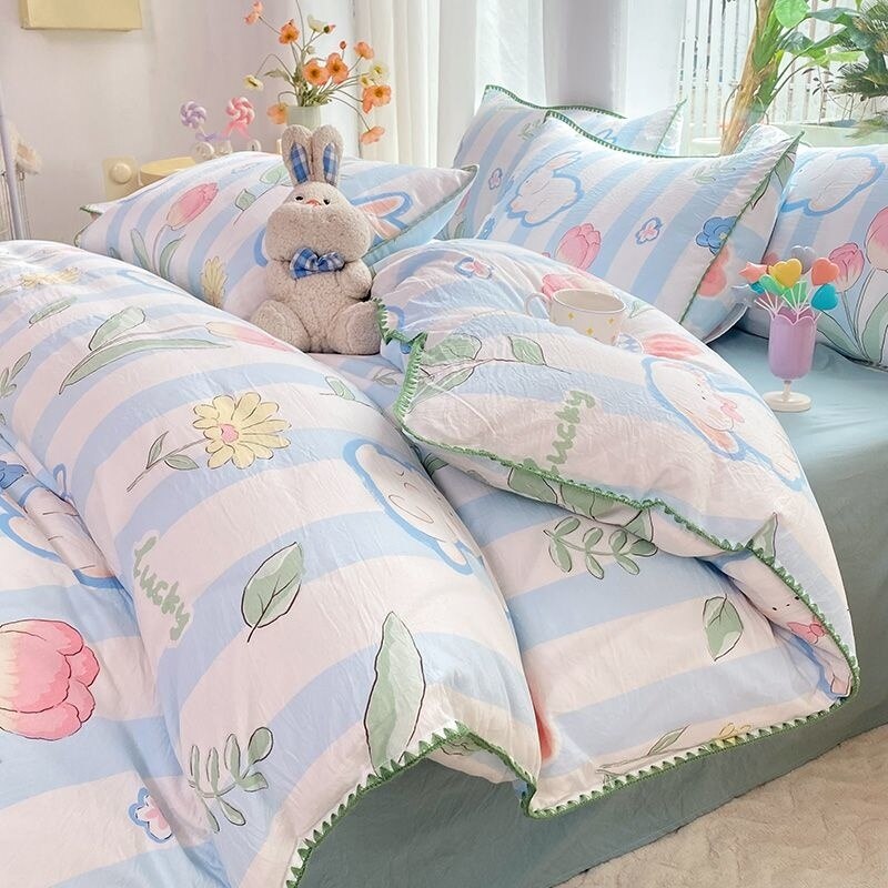 Ins Flower Bedding Sets Floral Summer Duvet Cover With Flat Sheet For Girls Woman Deocr Bedroom