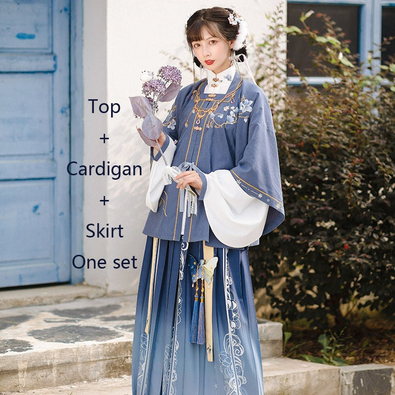 Women's Ming Dynasty Hanfu Ancient Costume Traditional Chinese Fairy Exquisite Embroidery Cardigan Retro Skirt 3 Pc Girl's Set