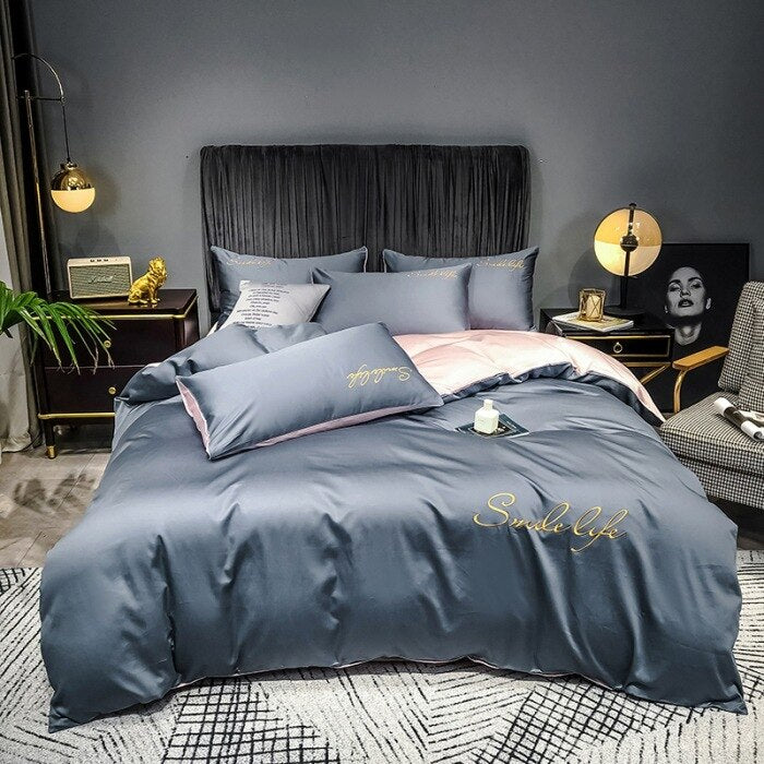 High End Skin Friendly Bedding Set Queen Luxury Embroidery Duvet Cover Set with Flat Sheet Simple Durable King Size Bedding Sets