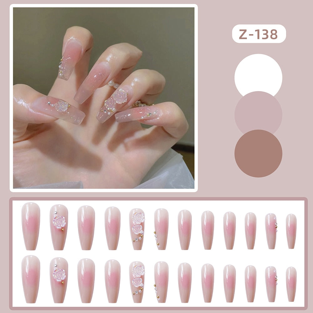 24Pcs Coffin Pink False Nails 3D Heart Diamond y2k Mid-length Fake Nails Full Finished Tulip Pattern Fake Nail Patches For Girls