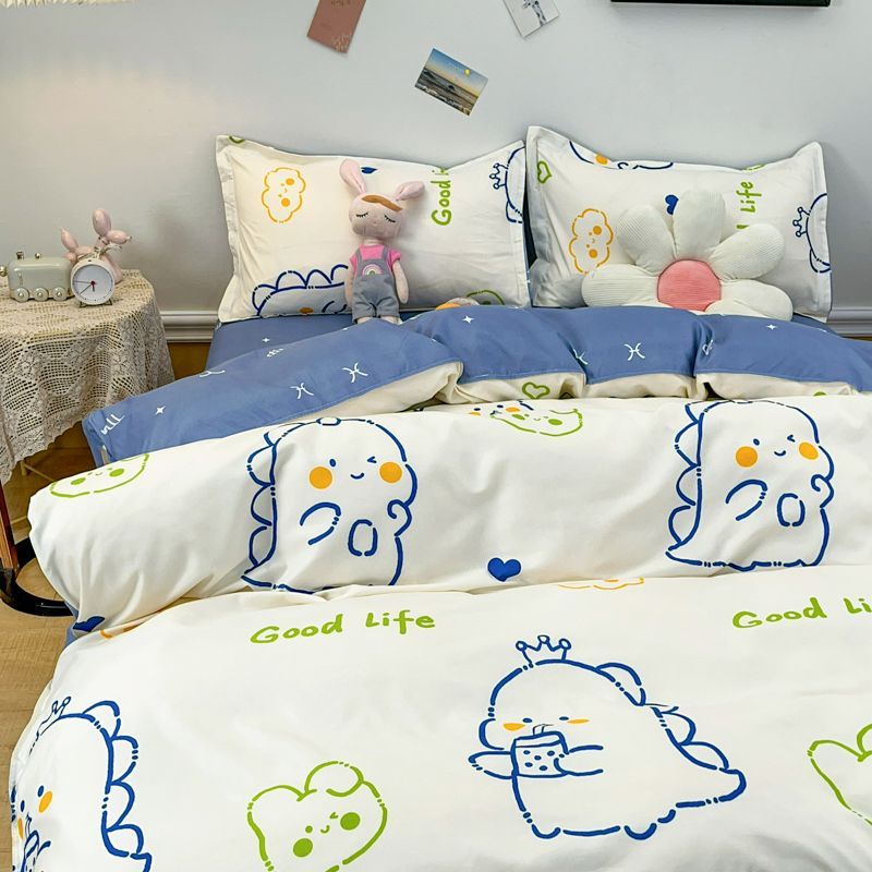 Cute Kids Bedding Set Dinosaur Cartoon Duvet Cover No Filling Flat Sheet Pillowcase Boys Girls Full Queen Size Spring Bed Linen