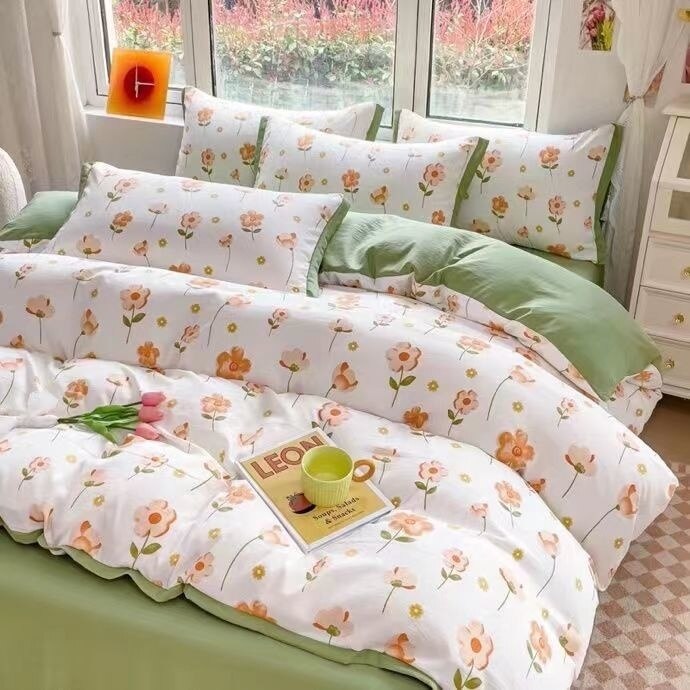 Simple Bedding Set Cute Girl Ruffle Lace Duvet Cover Bed Sheet Pillowcase Kawaii Cartoon Flower Quilt Cover 240x220cm