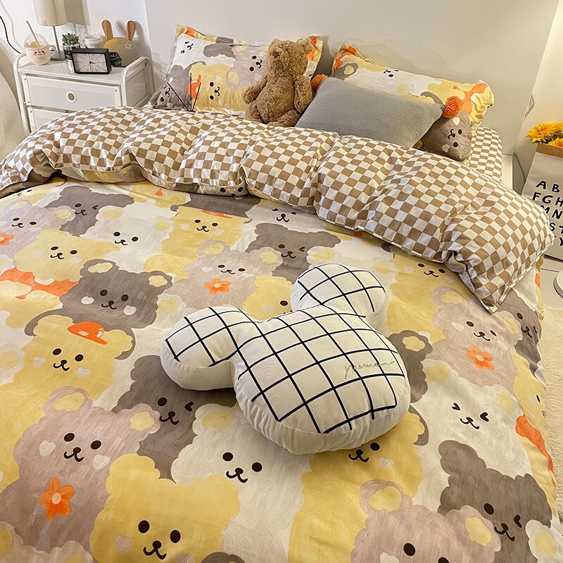 Black Bedding Set Boys Girls Soft Duvet Cover No Filling Flat Sheet Pillowcases Cartoon Plaid Single Double Size Bedspread