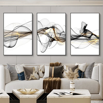 Qfdian 3 Pieces Nordic Luxury Ribbon Abstract Landscape Wall Art Canvas Paintings Modern Gold Deer Poster Print Picture for Home Decor