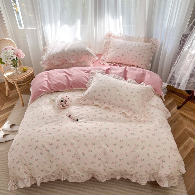 Qfdian 100% Cotton Small Floral Printed Lace Ruffle Bedding Set Simple Fresh Flower Single Duvet Cover Set Bed Linen Set Pillowcases