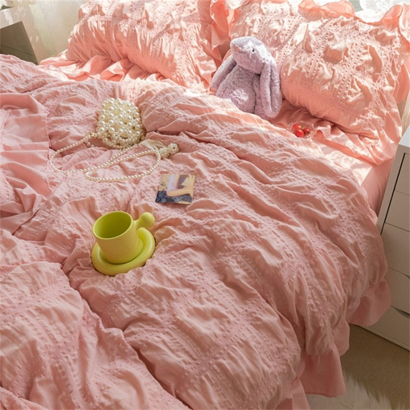 Korean Princess Seersucker Kawaii Bedding Set Lovely Ruffles Girl Duvet Cover Set Solid Color Soft Comfortable Bed Sets 220x240
