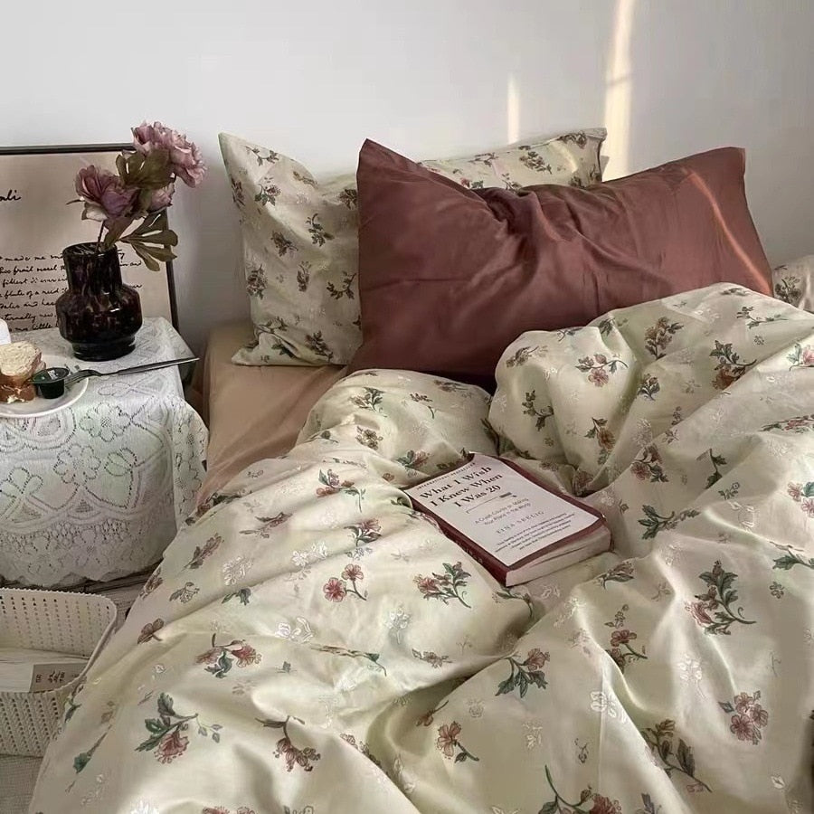 Ins Style Cotton Bedding Set Vintage Floral Fitted Sheet Duvet Cover Pillowcase Full Queen Boy Girls Dormitory Bedclothes Gift