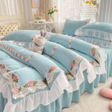 INS Korean Embroidery Ruffles Lace Bed Skirt Bedding Set Princess Girls Duvet Cover Pillowcase Solid Color Quilt Over Decor Home