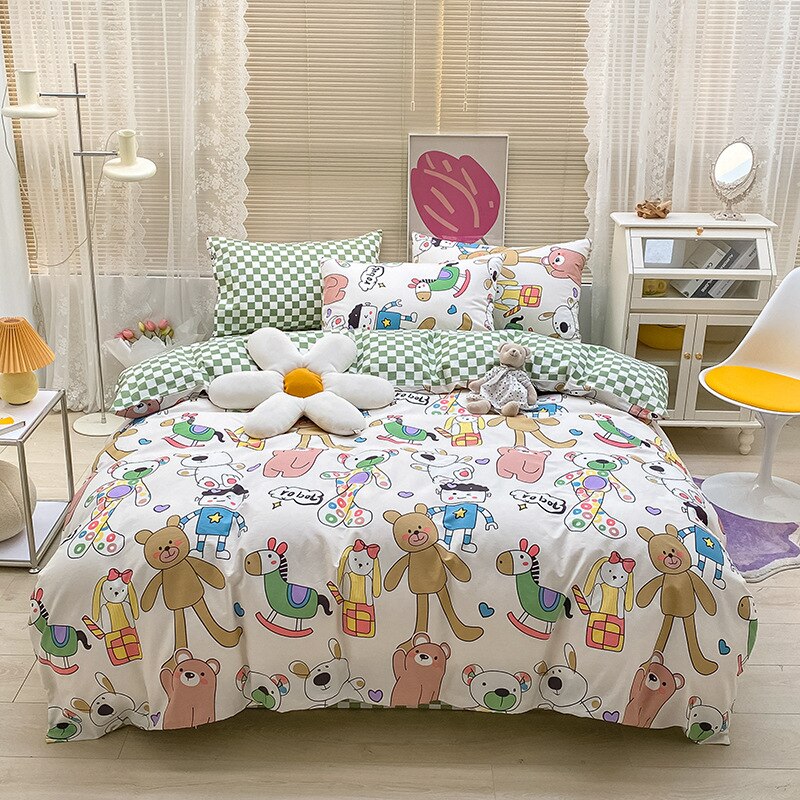 Kawaii Kids Bedding Set Soft Cotton Flat Fitted Sheet Duvet Cover Pillowcases Single Queen Cartoon Boy Girls Dormitory Bed Linen