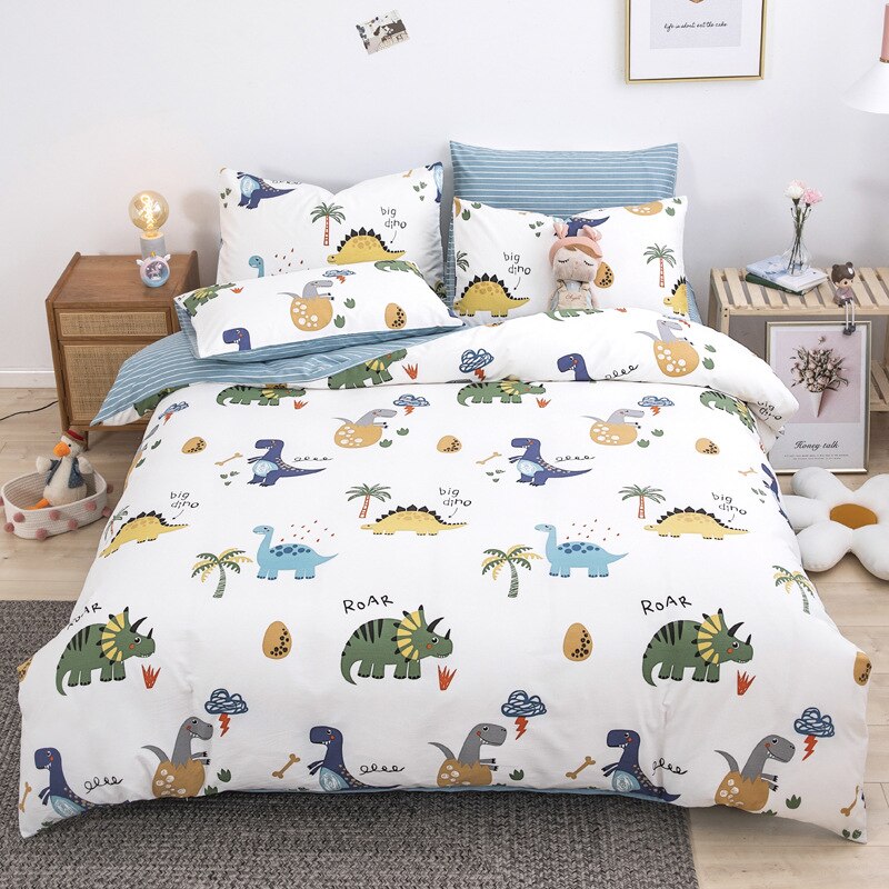 Kawaii Kids Bedding Set Soft Cotton Flat Fitted Sheet Duvet Cover Pillowcases Single Queen Cartoon Boy Girls Dormitory Bed Linen