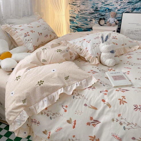 Lovely 100% Pure Cotton Bedding Set Full Size Cute Ruffles Single Doubel Duvet Cover Set Princess Girls Woman Cozy Bedding Sets