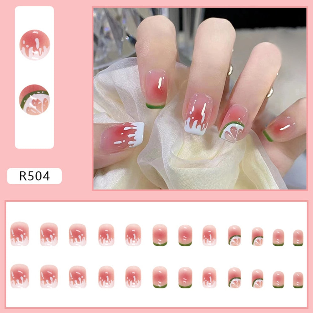 24pcs Gradient False Nails Cute Star Printed Design Fake Nail Short Square Faux Ongles Manicure Nail Stickers Press On Nail Tips