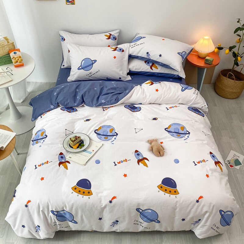 Kawaii Kids Bedding Set Soft Cotton Flat Fitted Sheet Duvet Cover Pillowcases Single Queen Cartoon Boy Girls Dormitory Bed Linen