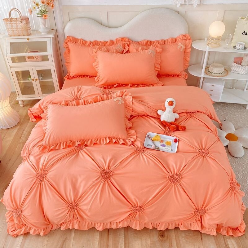 Korean Princess Duvet Cover Set Simple Solid Color Bedding Set Lace Ruffles Bed Skirt Sheets Gilr Quilt Cover Full Queen Size