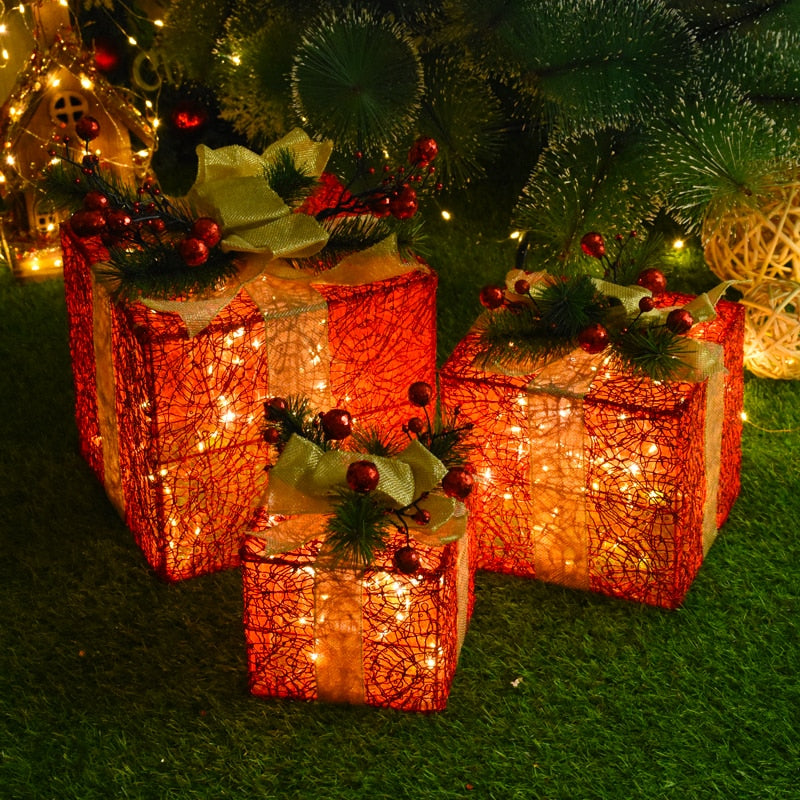 Qfdian Christmas Decoration Three-piece Gift Box Christmas Tree Ornaments Luminous Iron Art Home Outdoor Christmas Decorations Mall