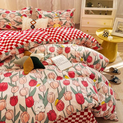 Floral Bedding Set Kawaii Rabbit Duvet Cover Flat Sheet Pillowcase Soft Bed Linens Single Full Dormitory Bedroom Home Textile