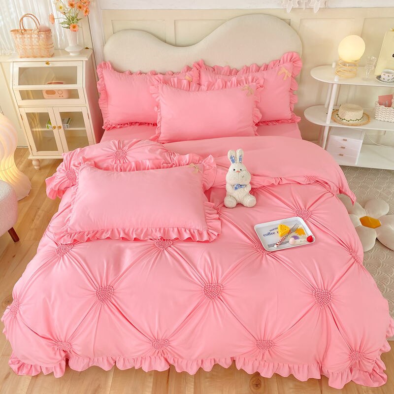 Korean Princess Duvet Cover Set Simple Solid Color Bedding Set Lace Ruffles Bed Skirt Sheets Gilr Quilt Cover Full Queen Size