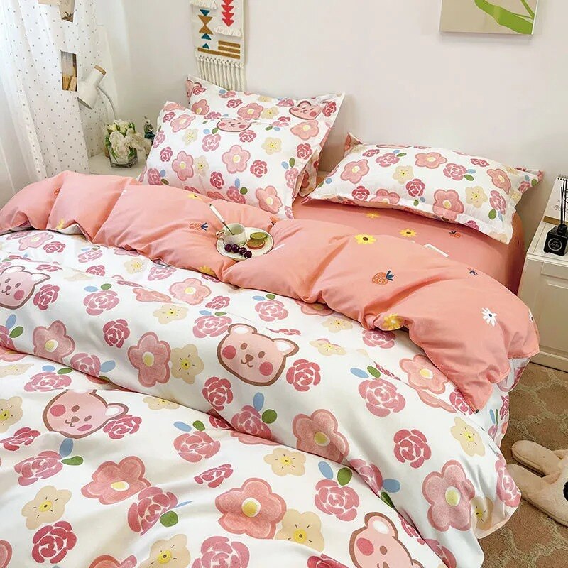 Fashion Duvet Cover Flat Sheet Pillowcases Set Single Queen Size Bed Linen Boys Girls Bedding Set Cute Kids Home Textile